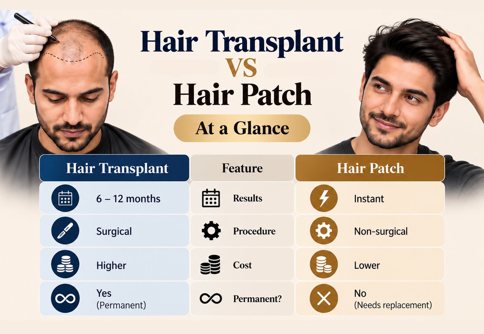 Hair transplant and hair patch comparison